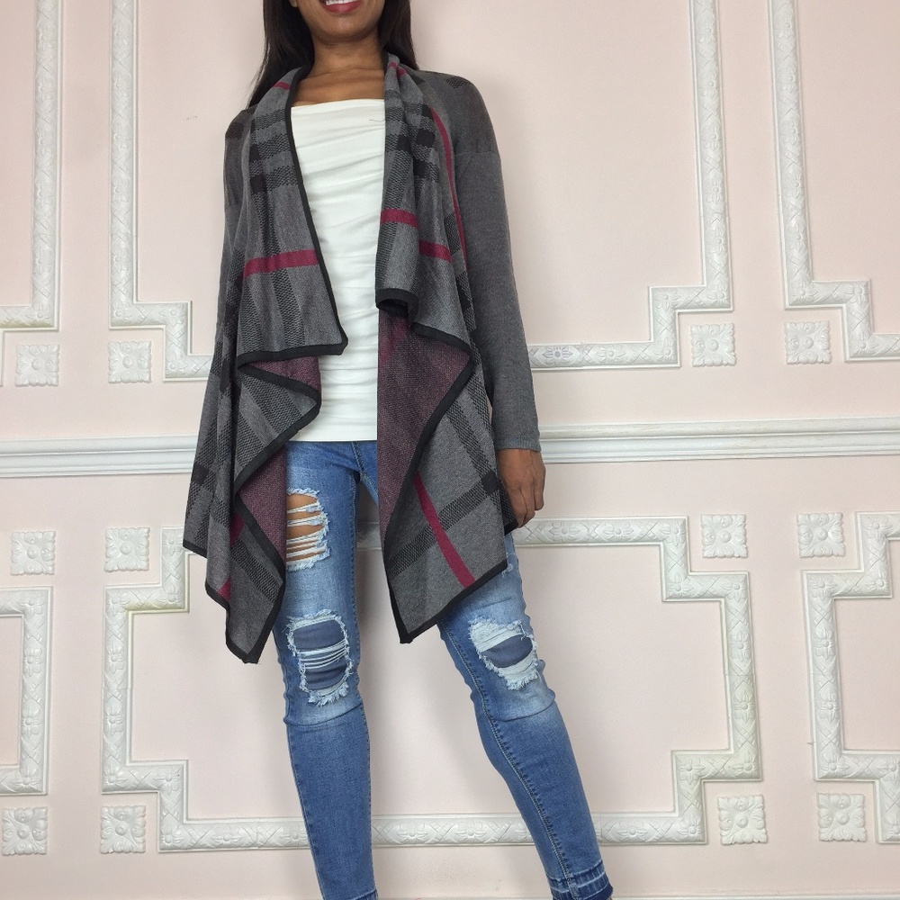 Women’s Gray Plaid Open-Front Draped Cardigan Poncho - Picture 8 of 10